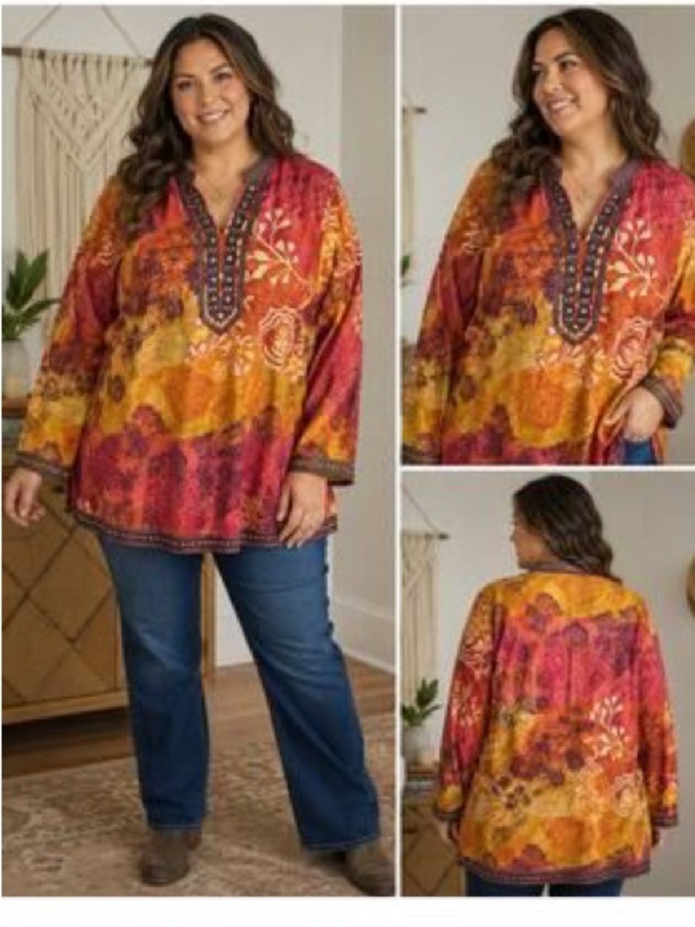 Liz & Me blouse Floral Geometric Orange 3/4 Sleeve Cotton Tunic Top Plus Size 1X